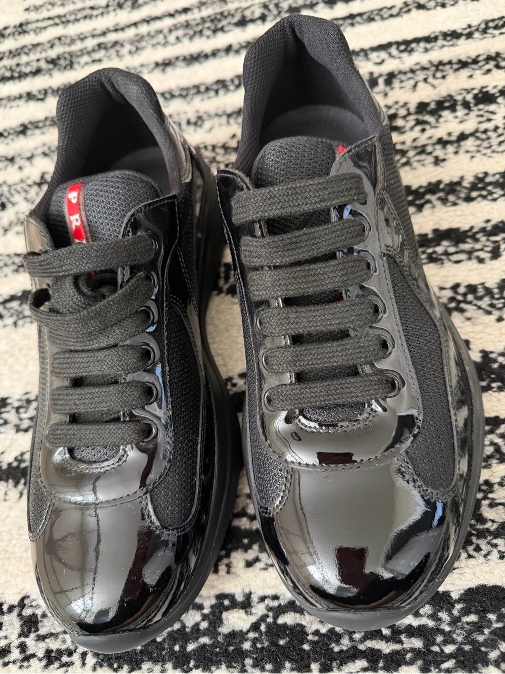 Prada Black Patent Leather & Mesh Low-Top Sneakers